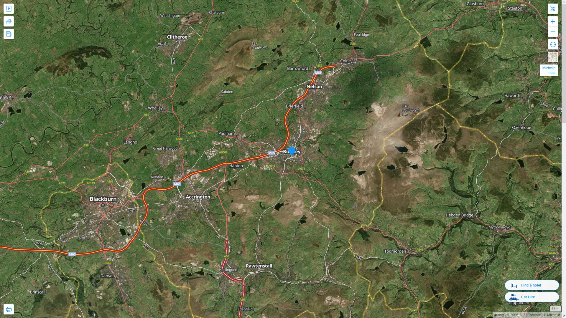 Burnley Royaume Uni Autoroute et carte routiere avec vue satellite